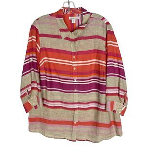 Coldwater Creek‎ Shirt Womens PXL 16 Multicolor Striped Button Front Linen Beach